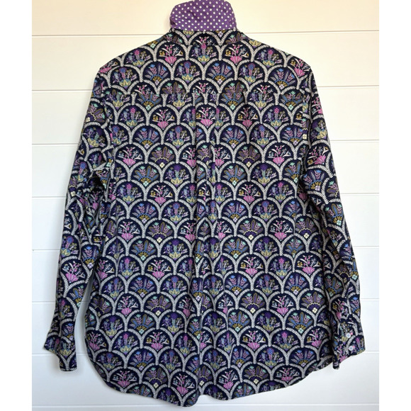 TALBOTS Modern Classic Button Front Shirt Scalloped Floral Cotton Striped Cuff L - Picture 10 of 16